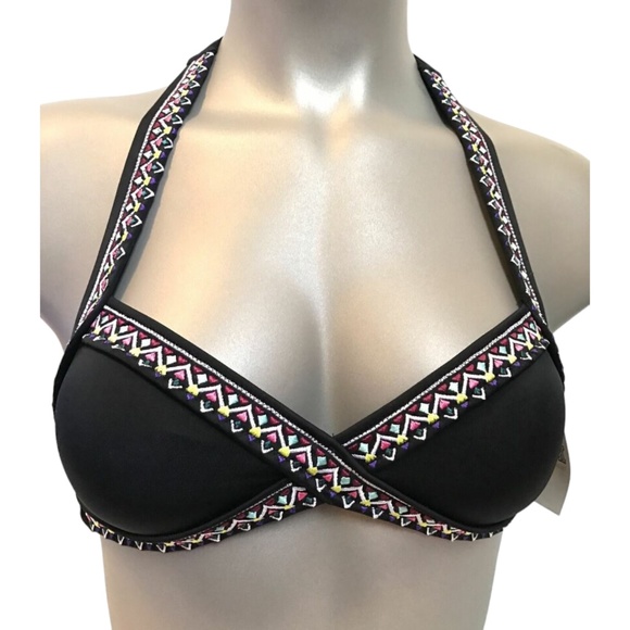 Victoria's Secret PINK Black w/ Aztec Embroidery Triangle Wrap Swim Top M - Picture 1 of 2